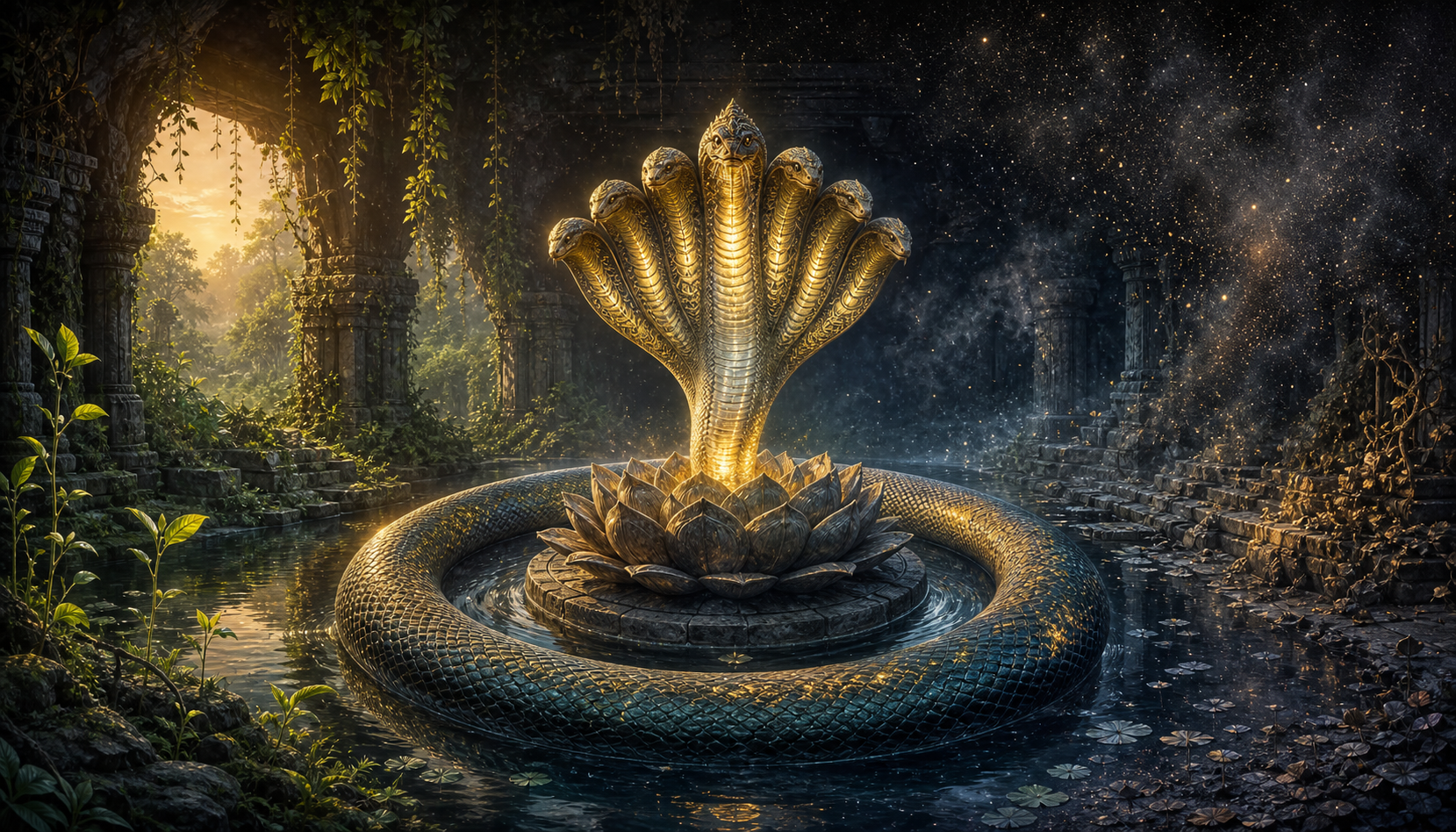 Luminous seven-hooded sacred Naga rising from a stone lotus in the cosmic waters of an ancient Indian temple cavern.