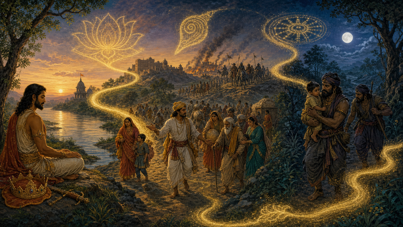 Golden light connects a meditating royal survivor, families leaving threatened settlements, and a child being carried through a moonlit forest.