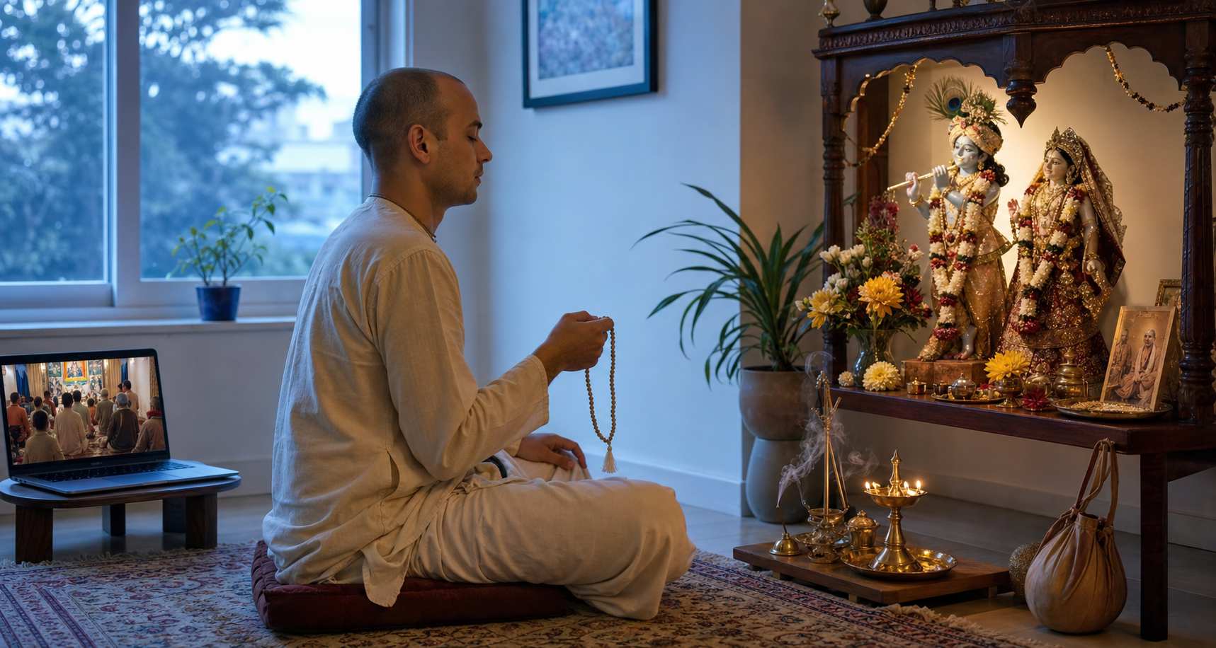 A householder chants with prayer beads beside a flower-decorated Krishna altar while a laptop displays a temple kirtan.