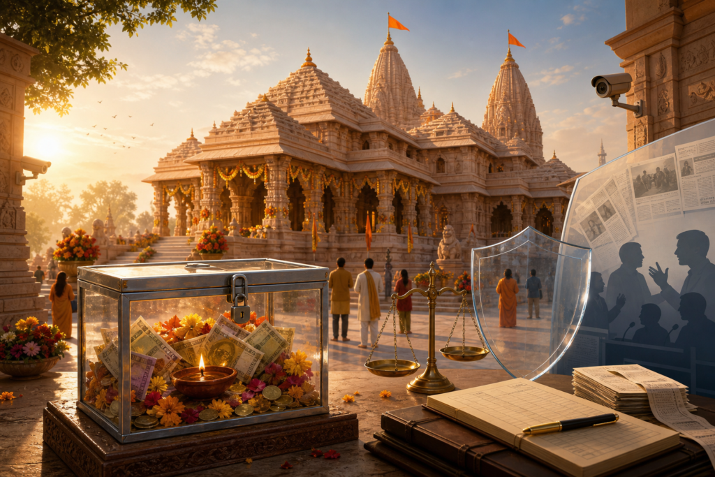 Hindu temple donation box with justice scales, audit ledger and transparency shield