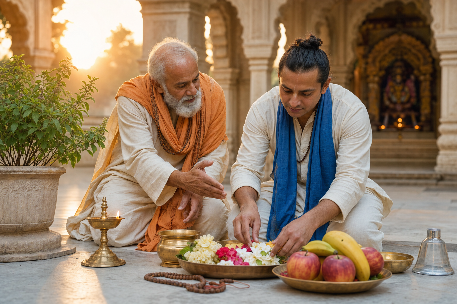 An elderly Vaishnava teacher guides an adult practitioner as they prepare flowers, fruit, water, and a lamp in a sunlit temple courtyard.