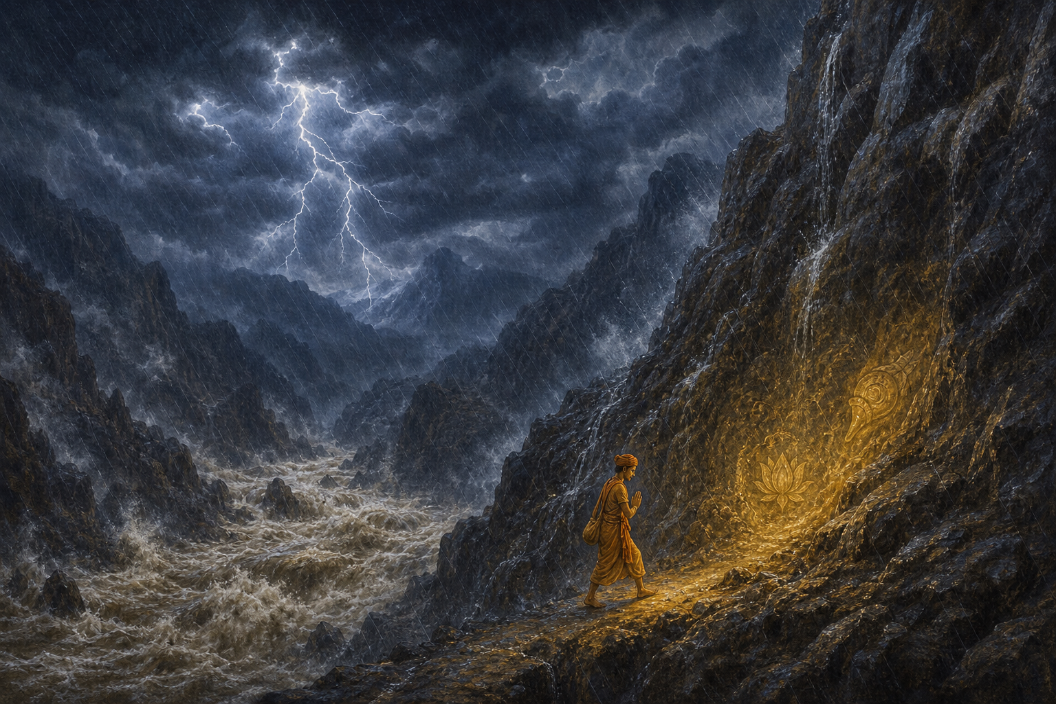 A devotee follows a narrow illuminated path across a rocky mountain pass during a severe monsoon storm.