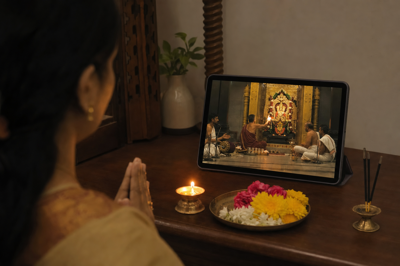 A devotee watches a temple worship ceremony on a tablet beside a lamp, flowers, and incense at home.
