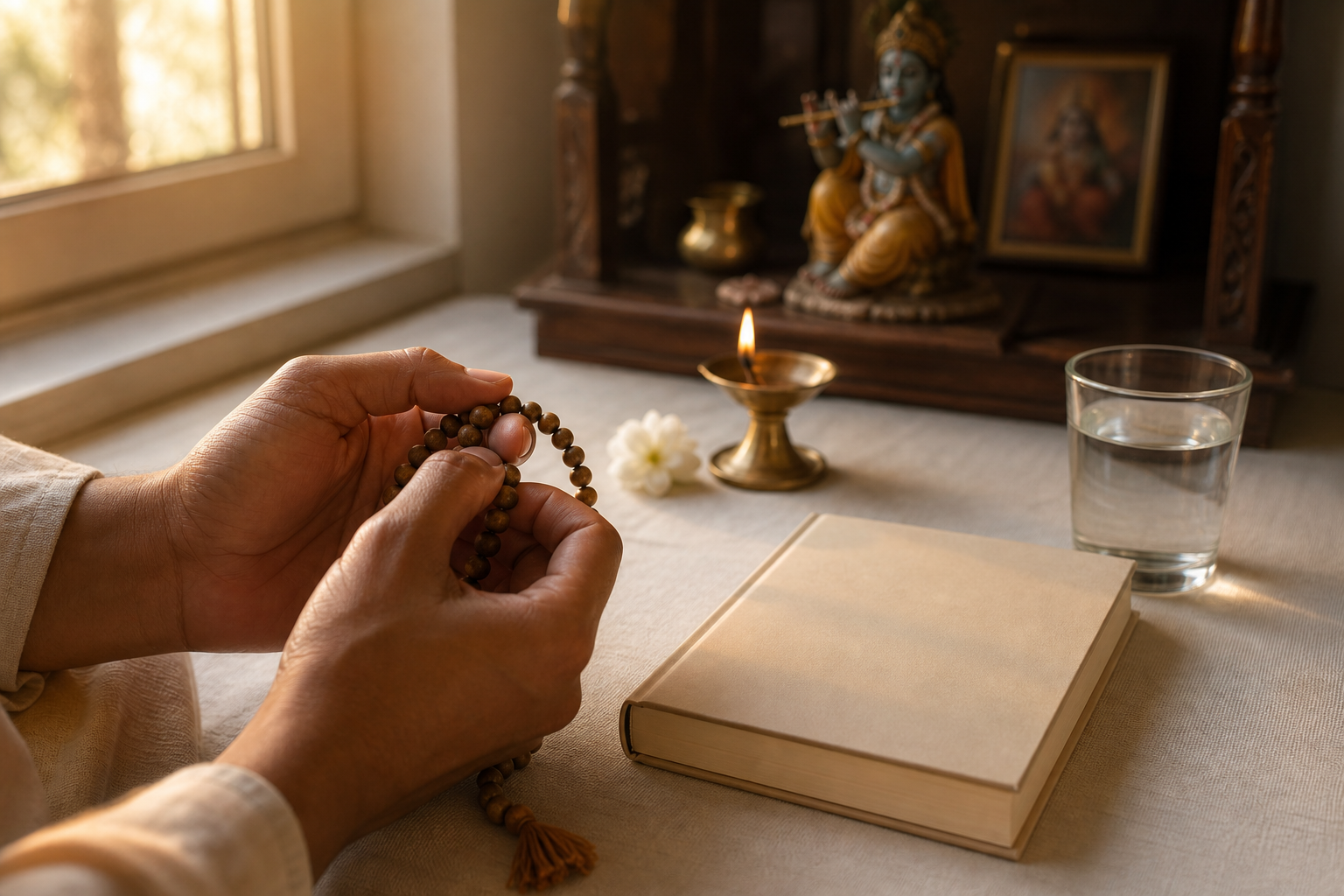 Hands hold chanting beads near a small home altar with a lamp, flower, water cup, and closed book.