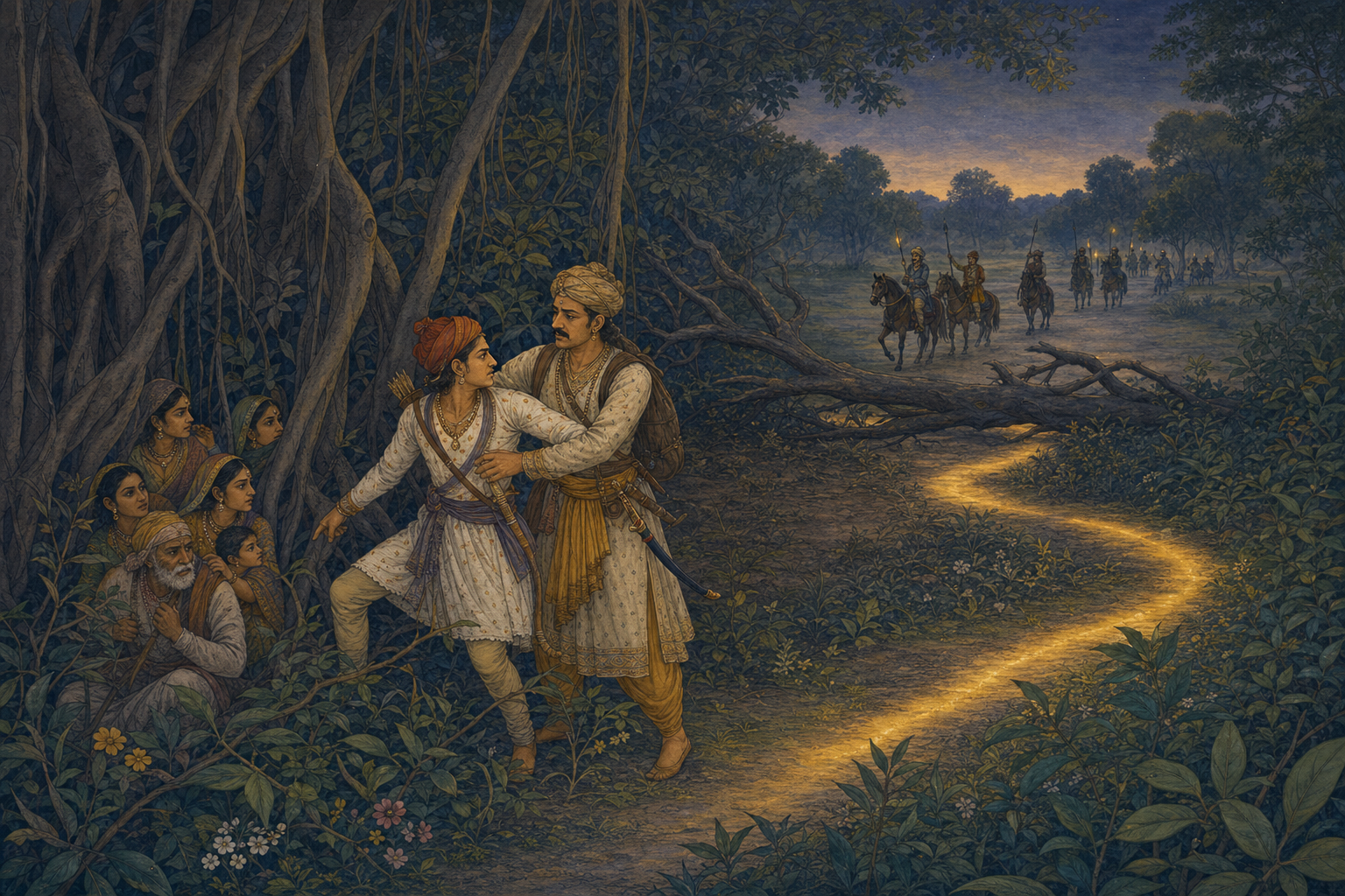 People hide among banyan roots while a guide restrains a defender and hostile riders pass along a blocked road.