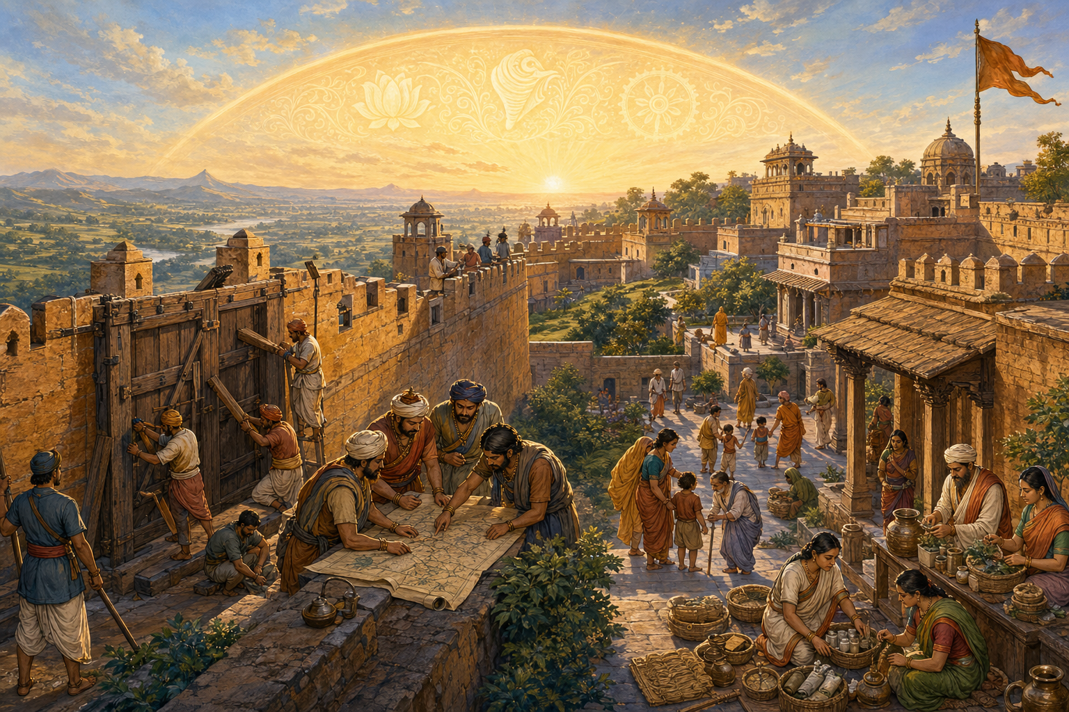 Residents reinforce a settlement gate, prepare supplies, and escort children and elders to shelter at dawn.