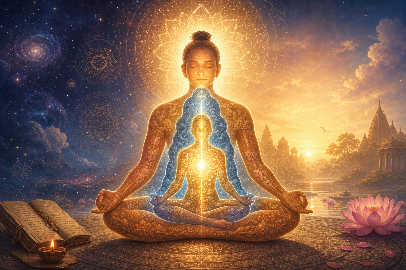 Meditating Indian seeker with luminous layers of body, mind and supreme Self in Upanishadic symbolism