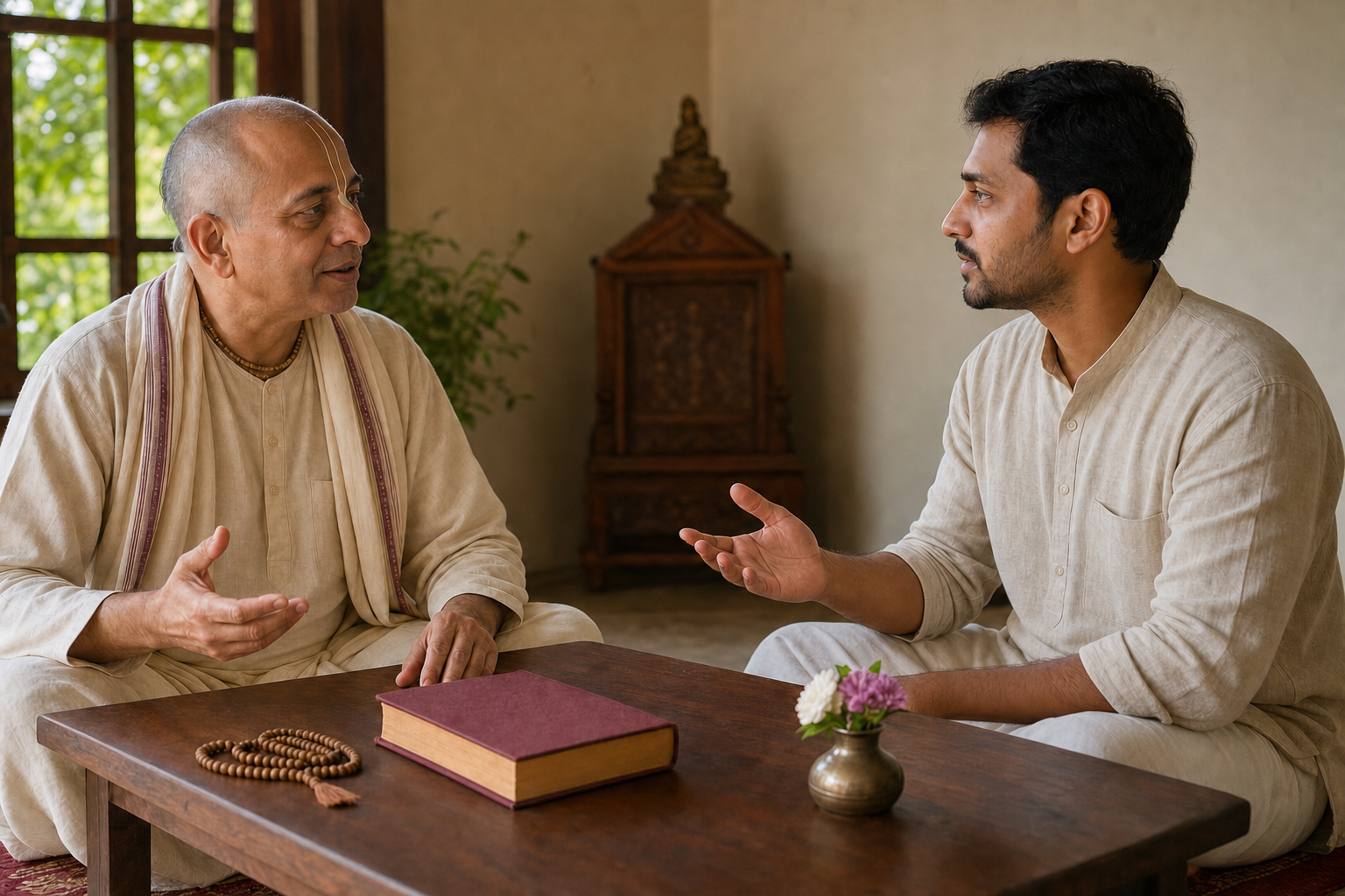 A Vaishnava teacher and an adult student have a calm discussion beside a closed scripture and prayer beads in a temple study room.