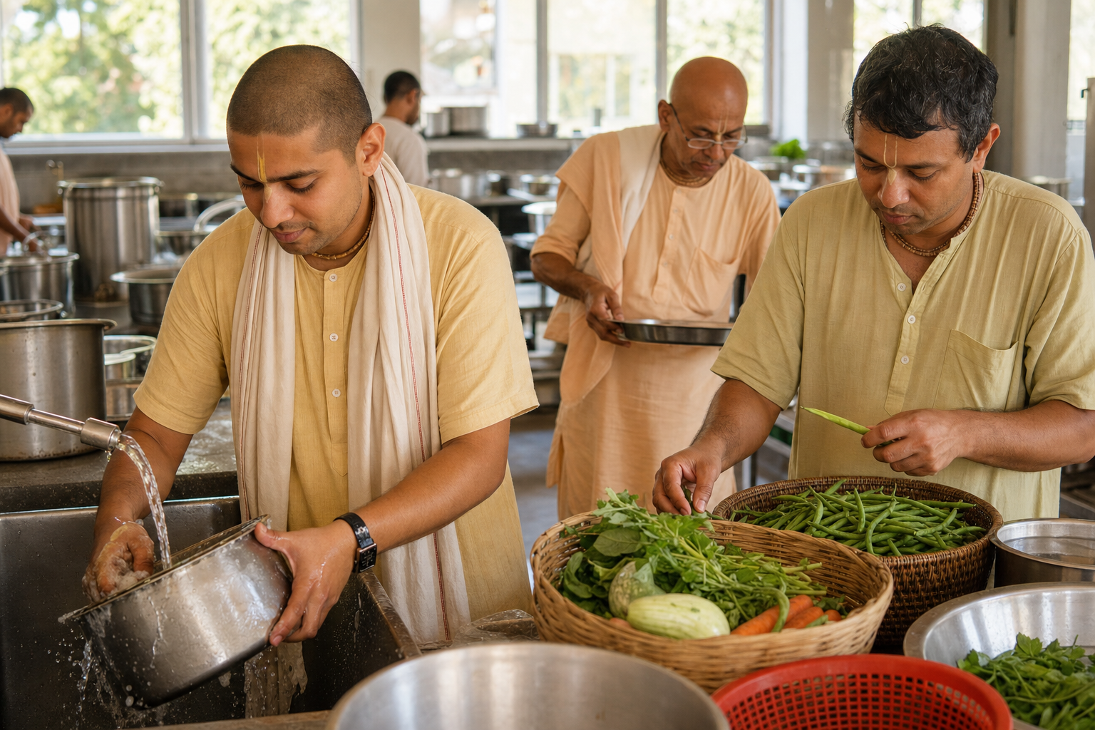Practitioners wash pots, prepare vegetables, and carry a tray together in a Krishna devotional community kitchen.