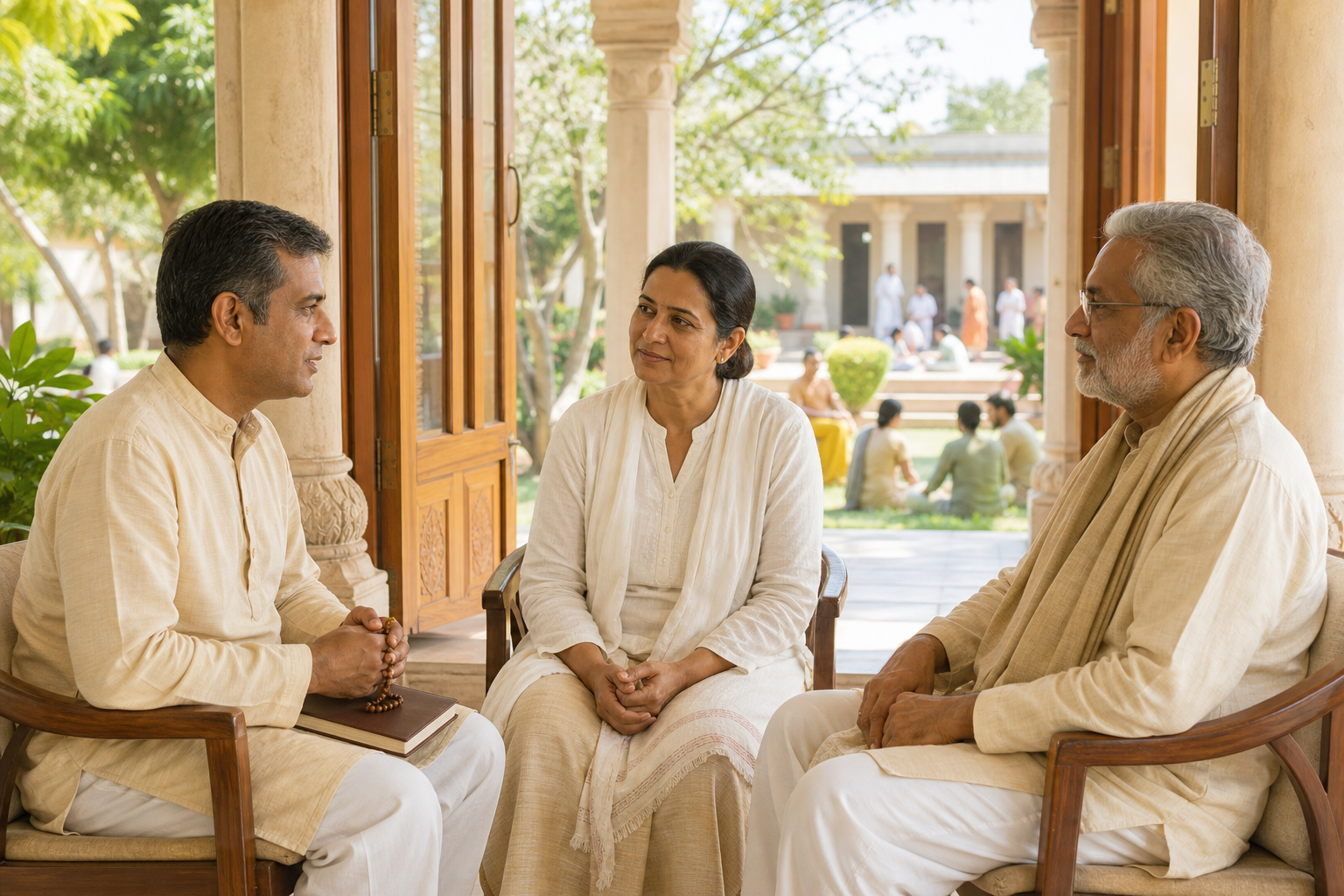 A practitioner consults a spiritual teacher and another senior devotee in an open temple veranda while community members are visible in the distance.