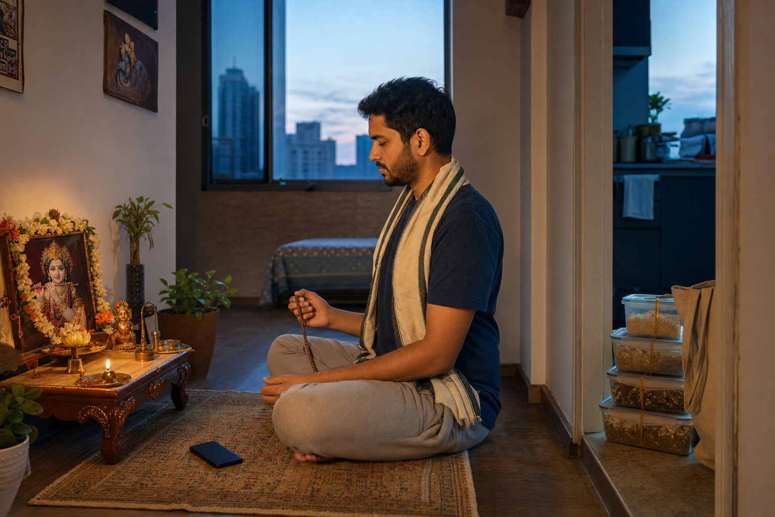 A practitioner chants with prayer beads beside a small home altar, with a face-down phone and packed food containers nearby.