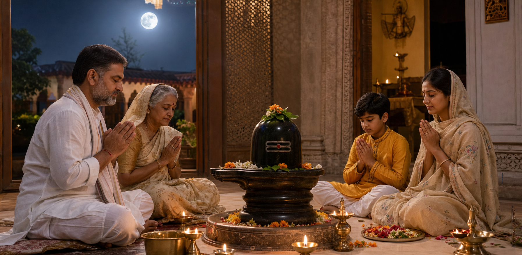 Gujarati family praying around a flower-adorned Shivalinga by moonlight and glowing oil lamps
