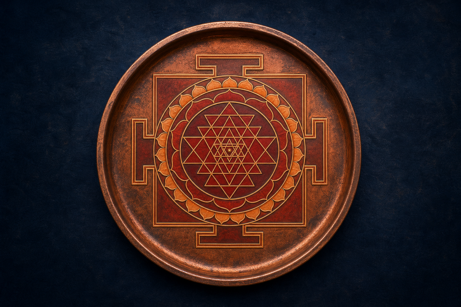 Sri Yantra engraved in vermilion and gold on an aged copper ritual plate against a dark indigo background