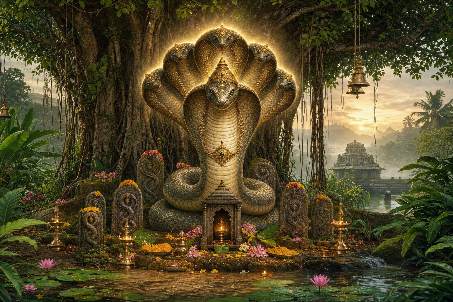 Nagaraja serpent shrine beneath a sacred banyan tree with lamps, flowers, and a lotus pool