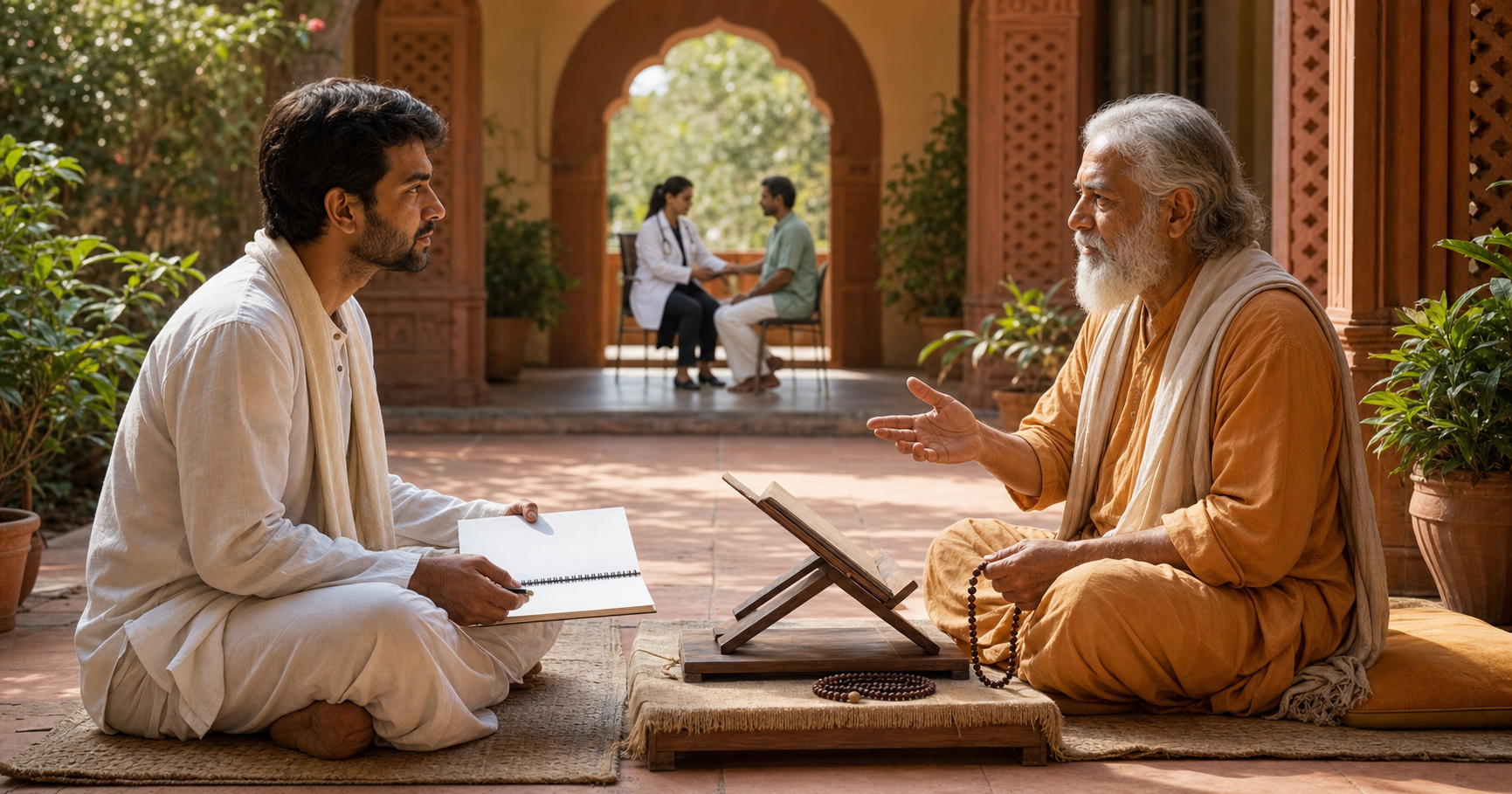 A spiritual seeker with a notebook listens to an older guru beside scriptures and prayer beads in a sunlit Indian ashram courtyard.