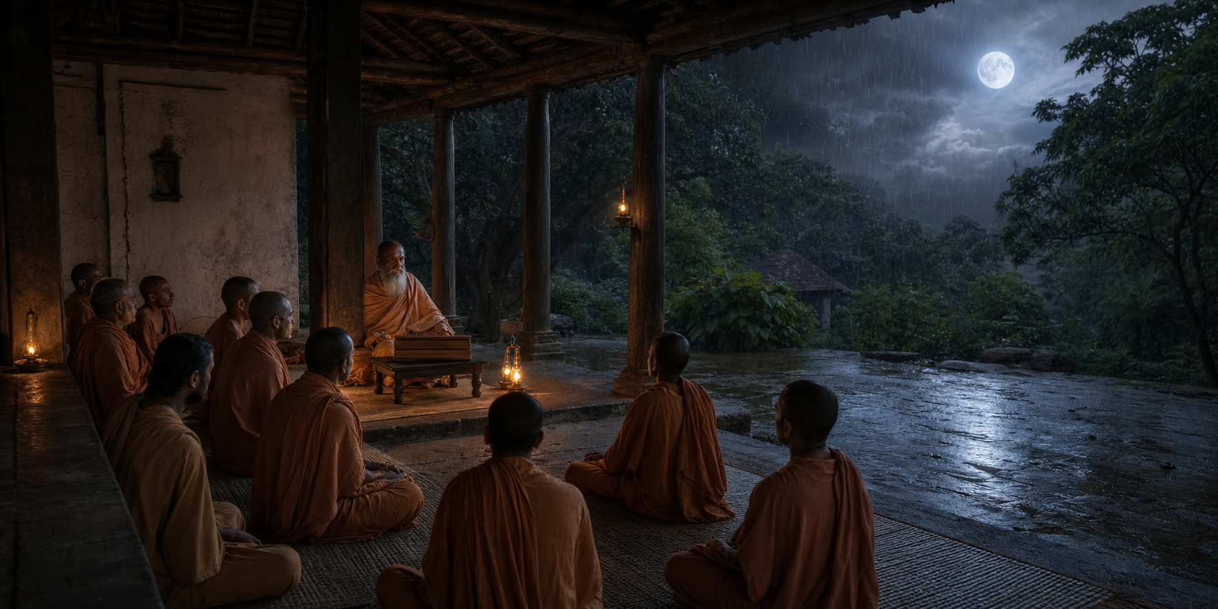 Hindu monastics in ochre robes gather with an elder teacher on an ashram veranda as monsoon rain falls under a full moon.