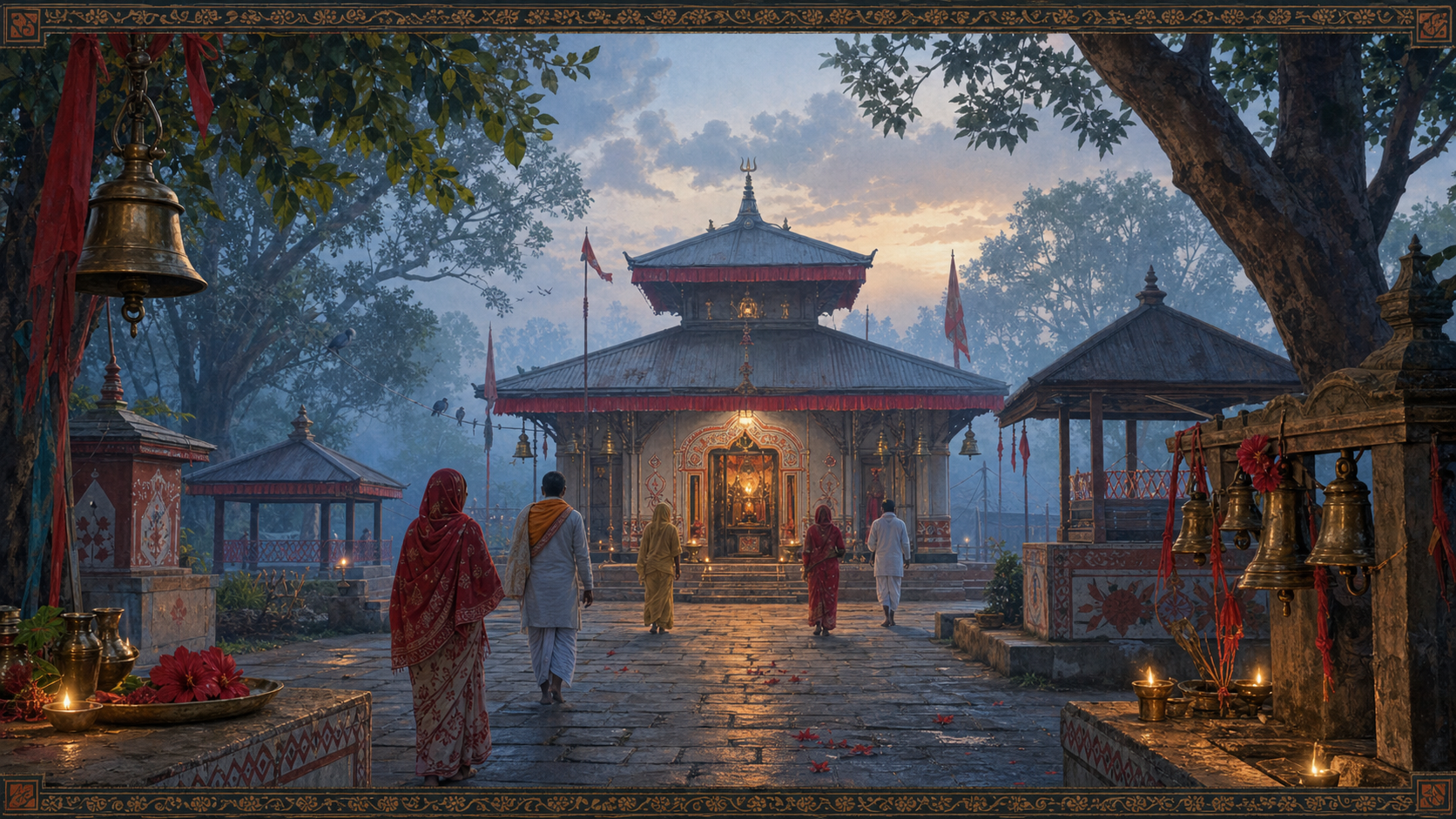 Devotees approach a Hindu shrine in a misty Terai courtyard lit by oil lamps and decorated with bells, prayer flags and red hibiscus flowers.