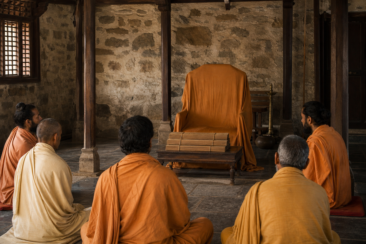 An empty teacher's seat and palm-leaf manuscripts face seated Hindu renunciants inside a simple monastic hall.