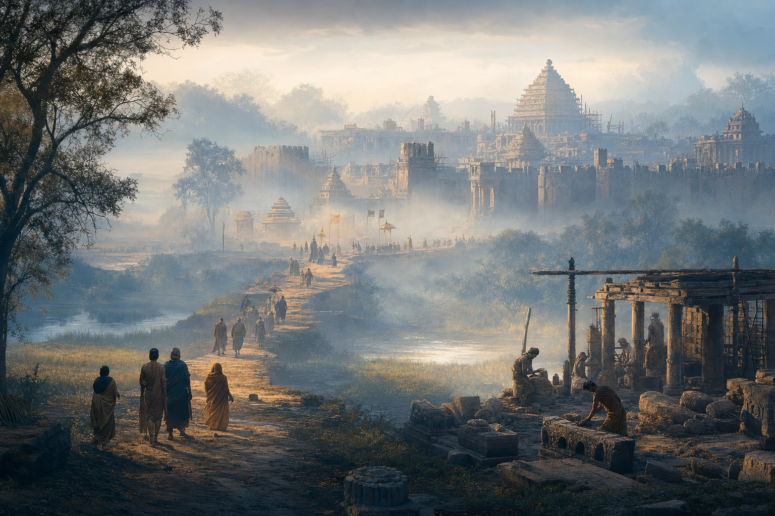 An imagined medieval Terai landscape shows stone carvers, pilgrims and a distant fortified settlement fading into mist along an old processional path.
