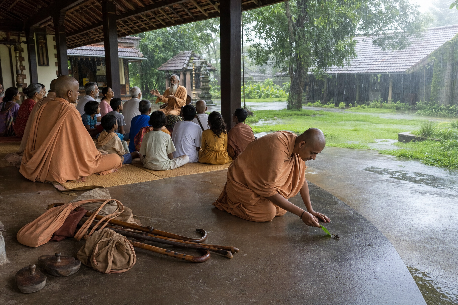 Hindu monastics teach villagers in a covered pavilion during monsoon rain, with walking staffs and sandals set aside nearby.