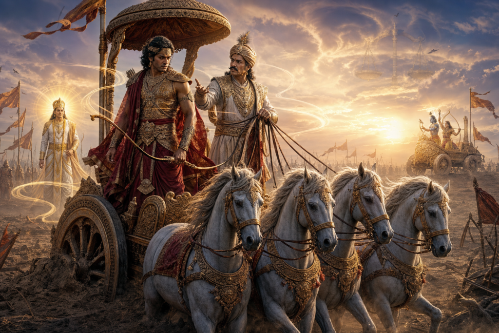Karna and King Shalya in a Mahabharata war chariot at sunrise, with Yudhishthira glowing in the battlefield distance.