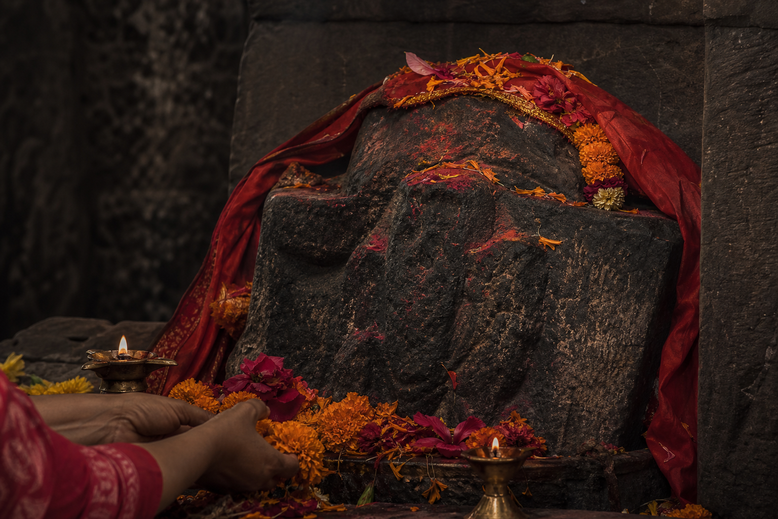 A weathered stone sacred image fragment rests in a lamp-lit alcove beside red cloth, vermilion, marigolds and devotees' flower offerings.