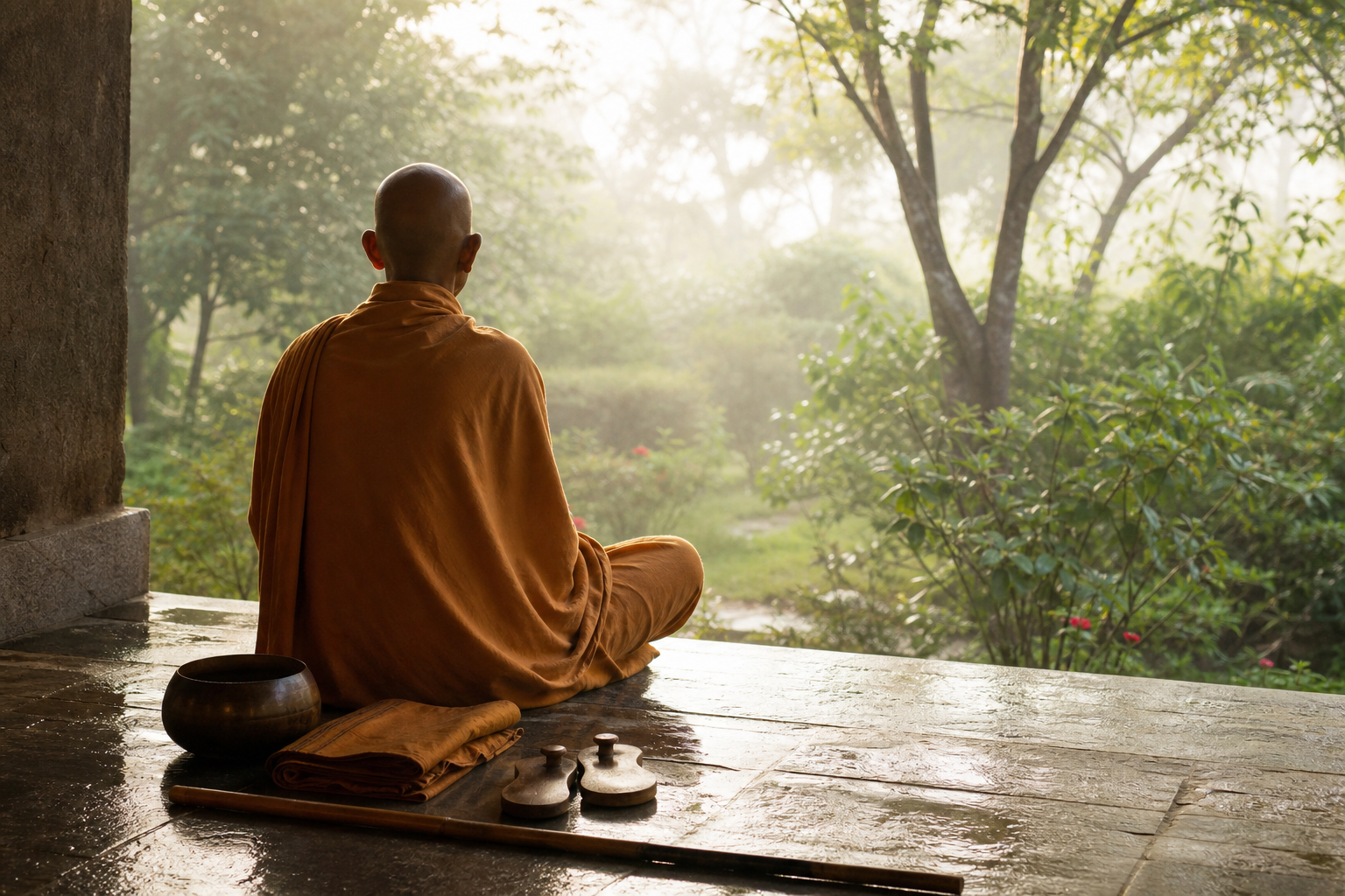 A Hindu renunciant meditates on an ashram veranda beside neatly arranged sandals, a bowl and a walking staff after monsoon rain.