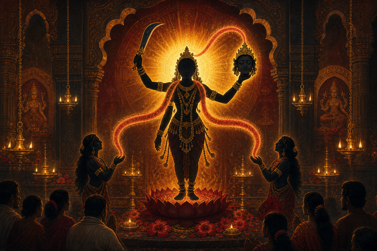 A stylized Chhinnamasta figure with two attendants is surrounded by three crimson-gold streams of light, oil lamps, hibiscus offerings and worshippers in a dark sanctum.