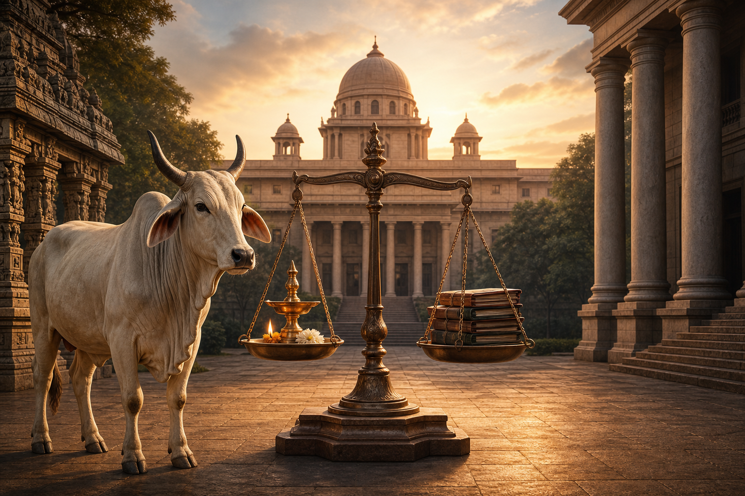 A zebu cow, balance scale and oil lamp stand in a South Indian-style courthouse courtyard at dawn.