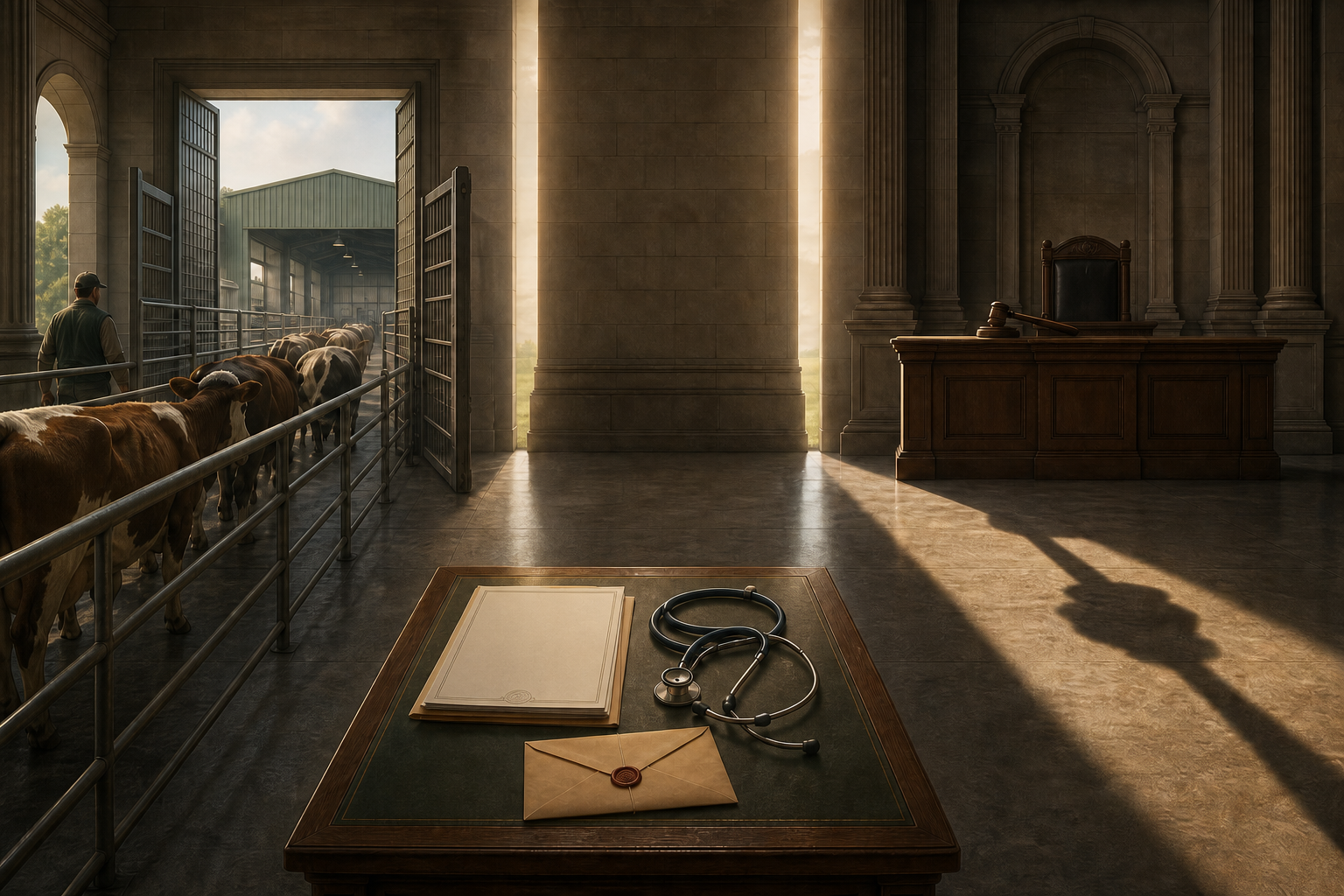 Three separated scenes show a regulated facility, an inspection table with permits, and a judge's bench casting a broad shadow.