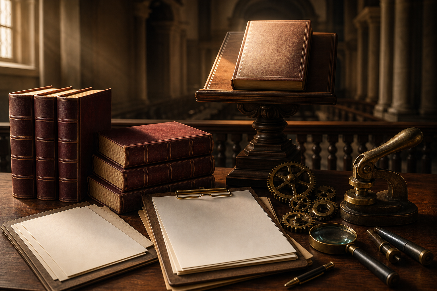 A closed constitutional volume overlooks law books, permit papers, an official seal press, inspection tools and brass gears.