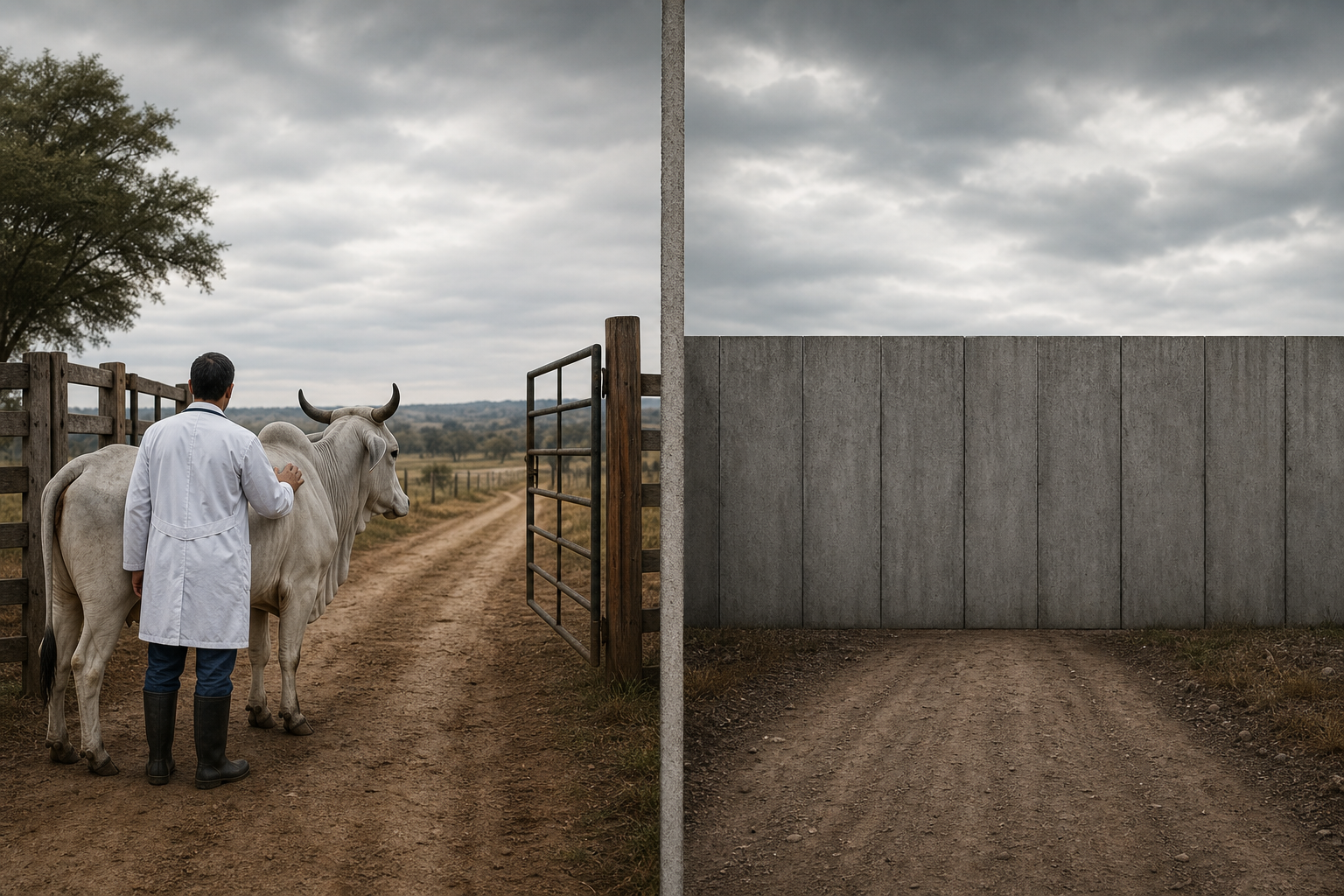 A veterinary inspection checkpoint with an open gate is contrasted with a road blocked by a solid closed barrier.