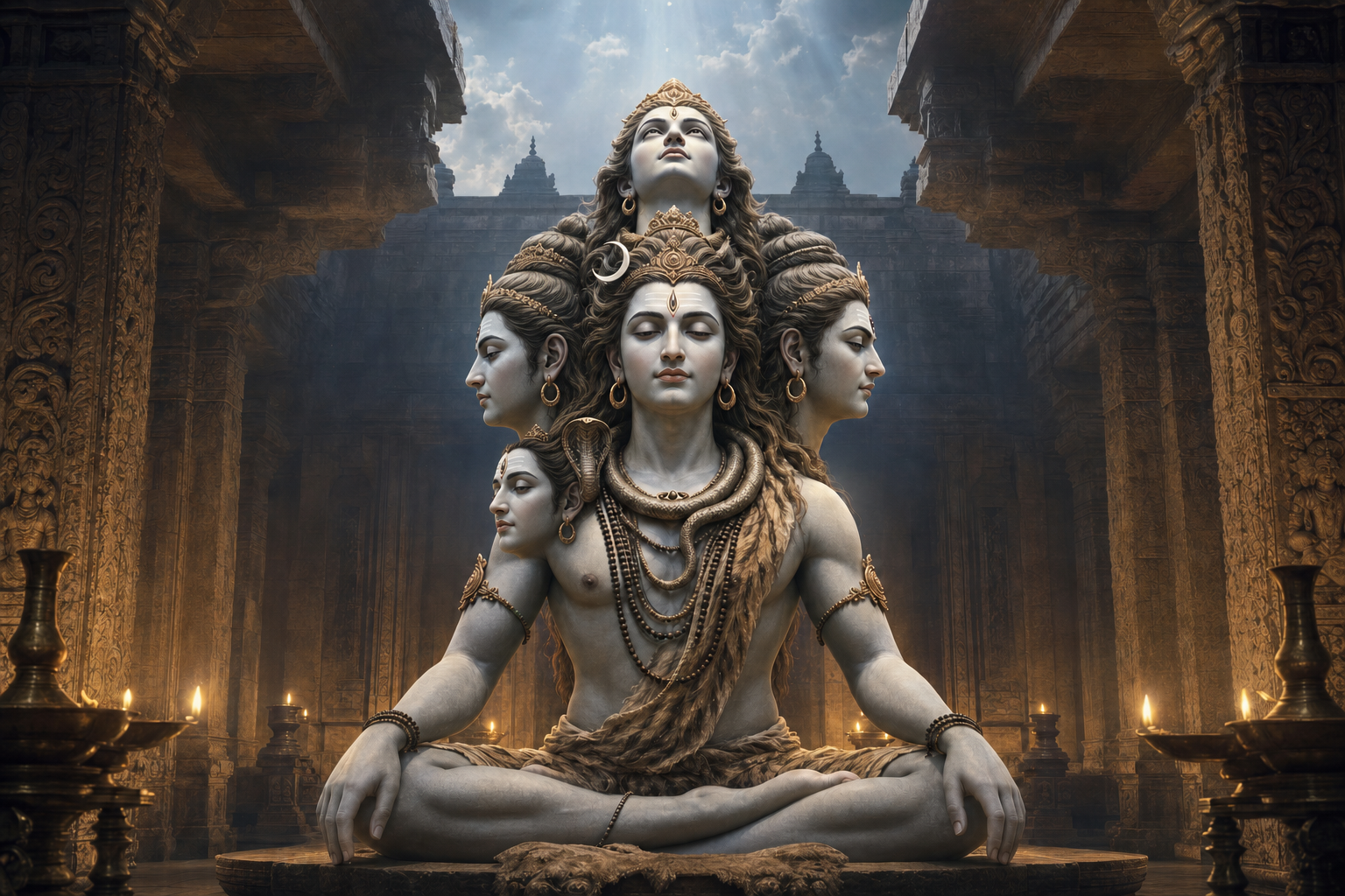 A unified five-faced form of Shiva stands in a lamp-lit stone temple sanctum, with four faces directed outward and a fifth facing upward into celestial light.