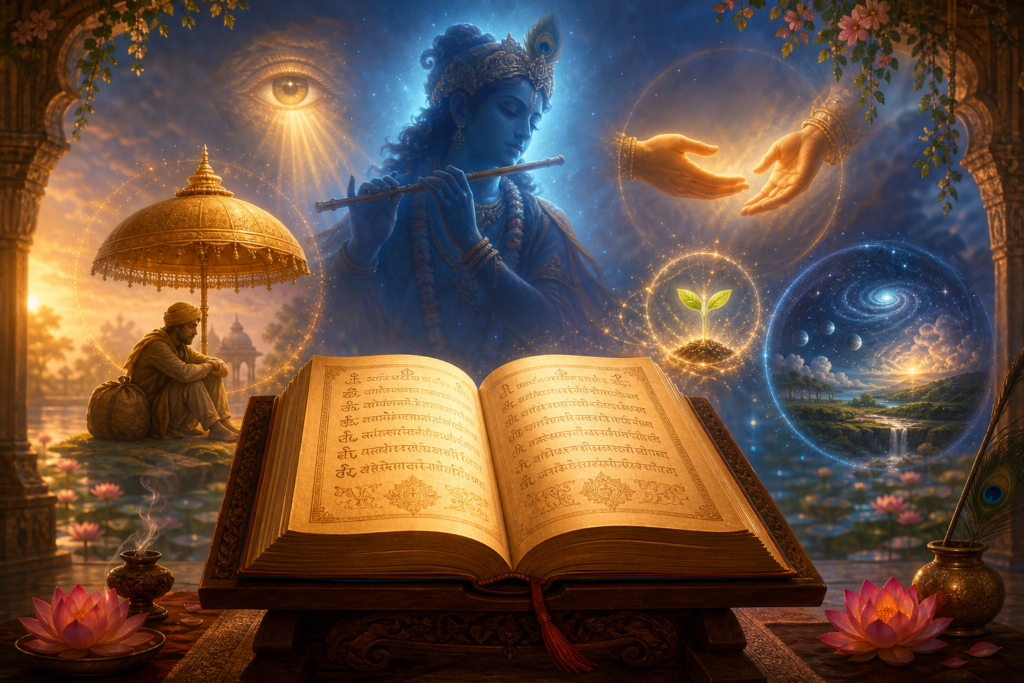 Open Bhagavad Gita with Krishna, lotus flowers, and sacred symbols of refuge, witness, friendship, and cosmic creation