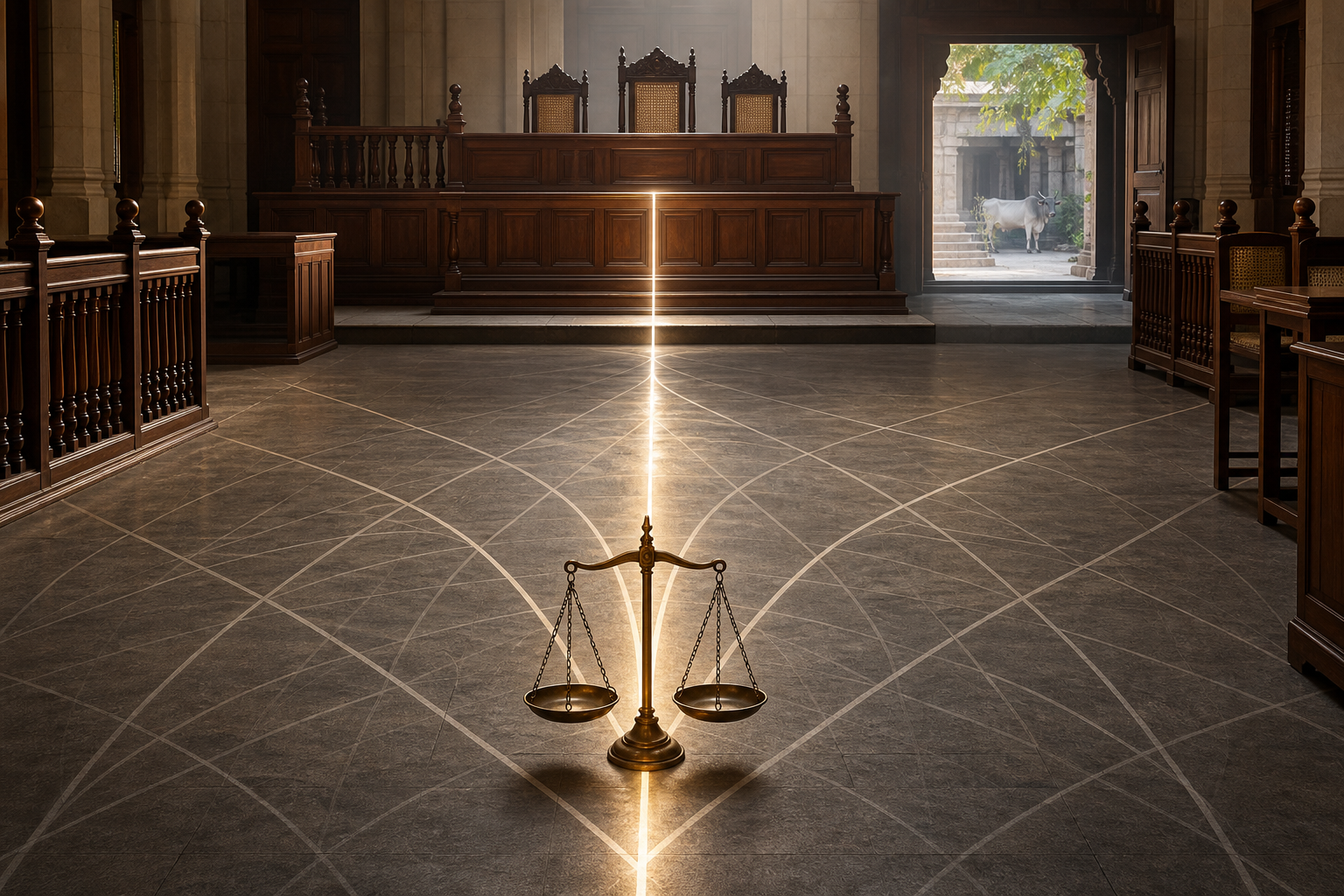 Illuminated boundary lines converge into a clear path between a judge's bench, balanced scales and a distant cow.
