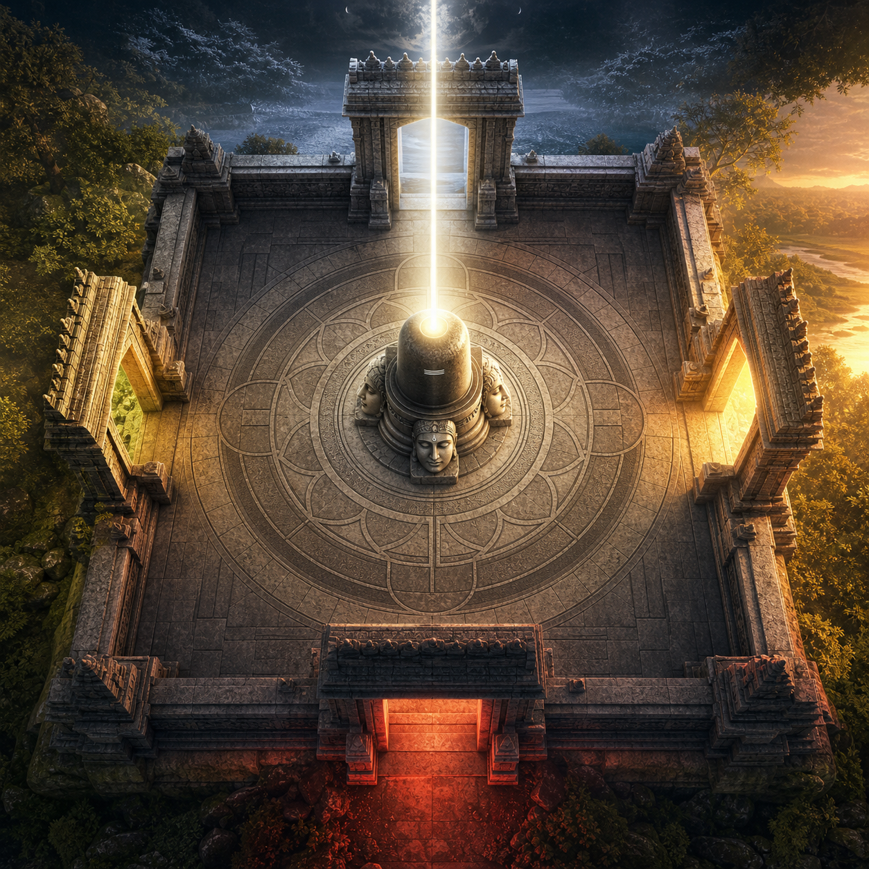 An aerial view of a four-gated temple sanctum centers on a four-faced stone linga with a fifth column of light rising upward.