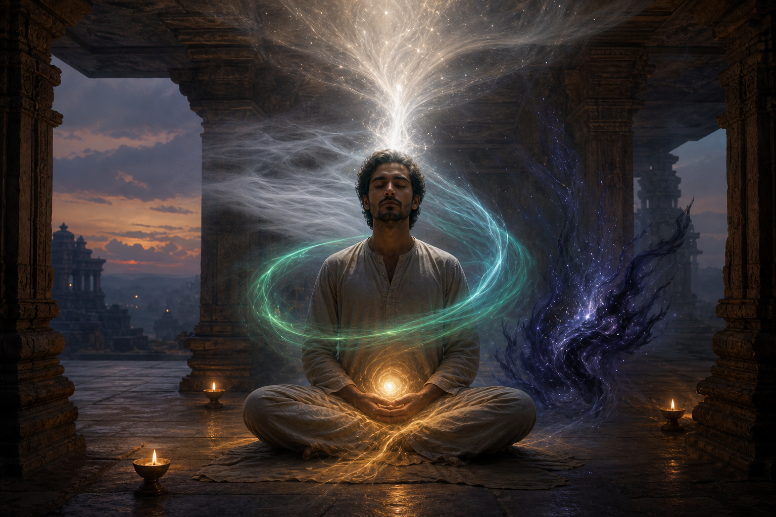A seated practitioner meditates in a stone hall while five connected forms of light appear around the body and above the head.