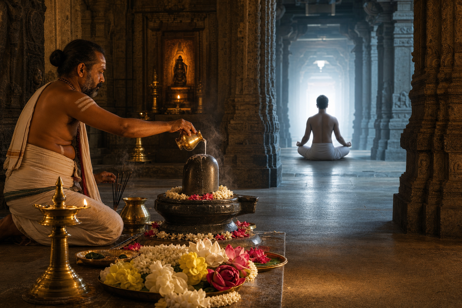 A priest offers flowers and water at a stone linga while a devotee meditates deeper within the same lamp-lit temple.