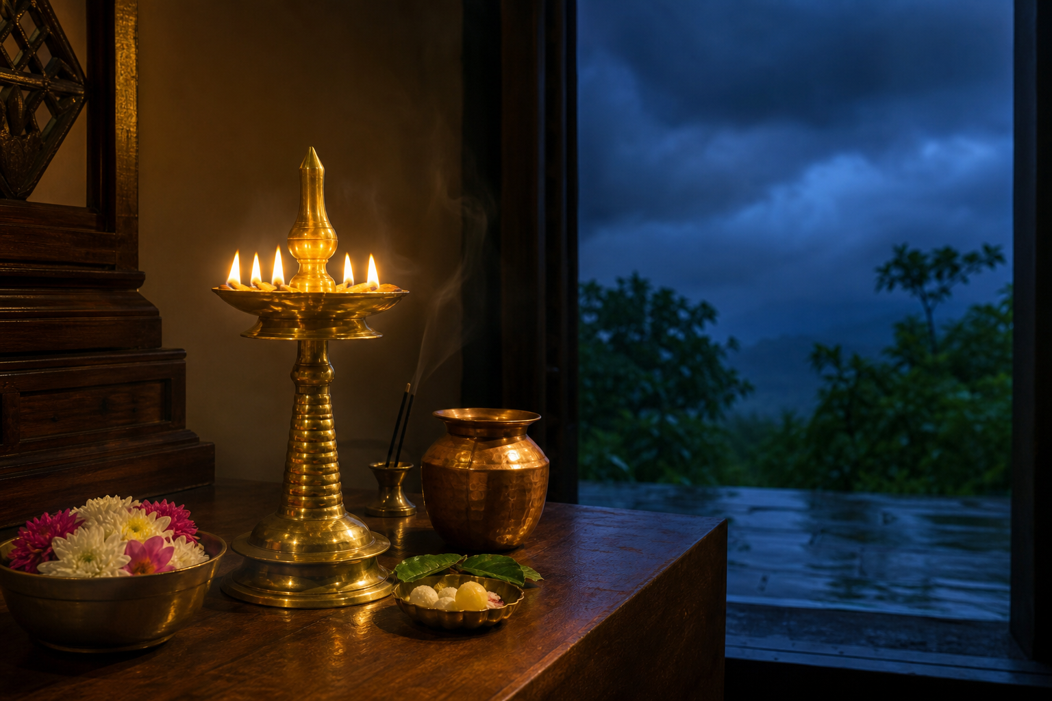 A glowing brass oil lamp with flowers and simple offerings beside an open doorway on a dark monsoon evening.