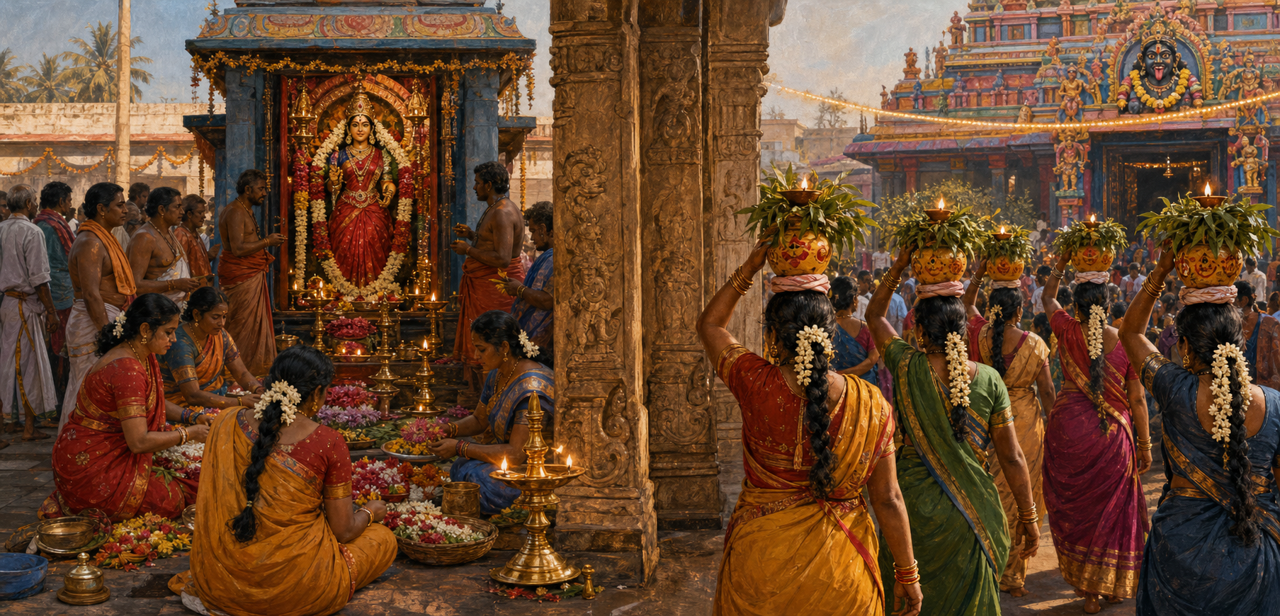 Illustrated South Indian festival scenes show worshippers at a Draupadi Amman shrine and women carrying decorated Bonalu offering pots toward a Mahakali temple.