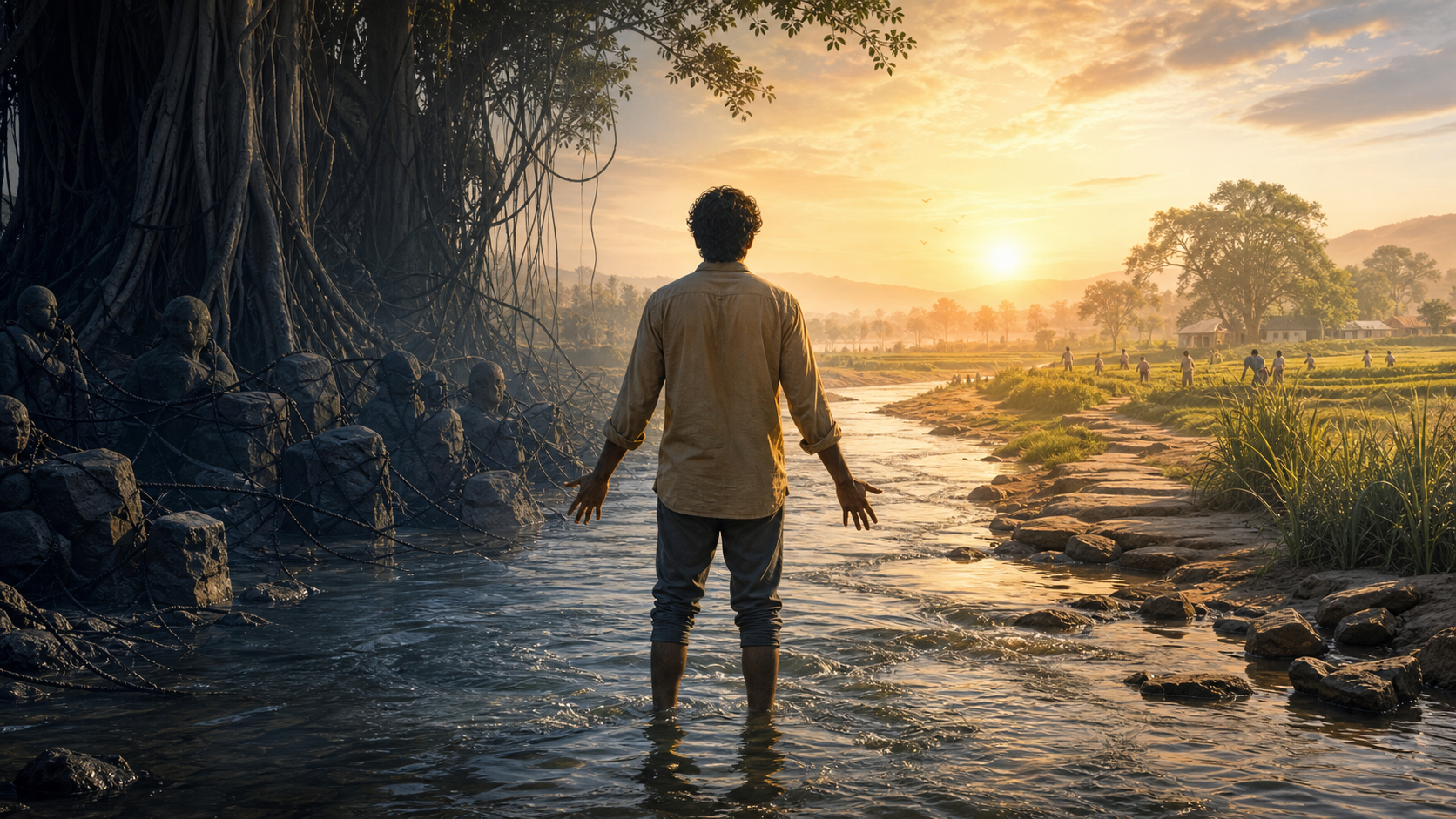 A person stands calmly in a flowing river between a dark tangled bank and a sunlit path leading toward distant fields.