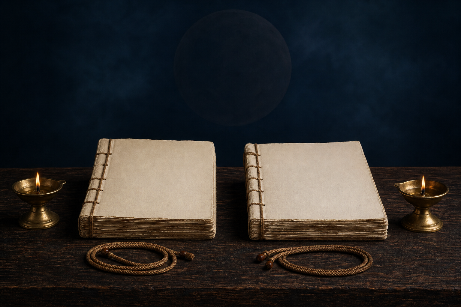 Two blank traditional almanac bundles and brass lamps arranged beneath a dark lunar disc.