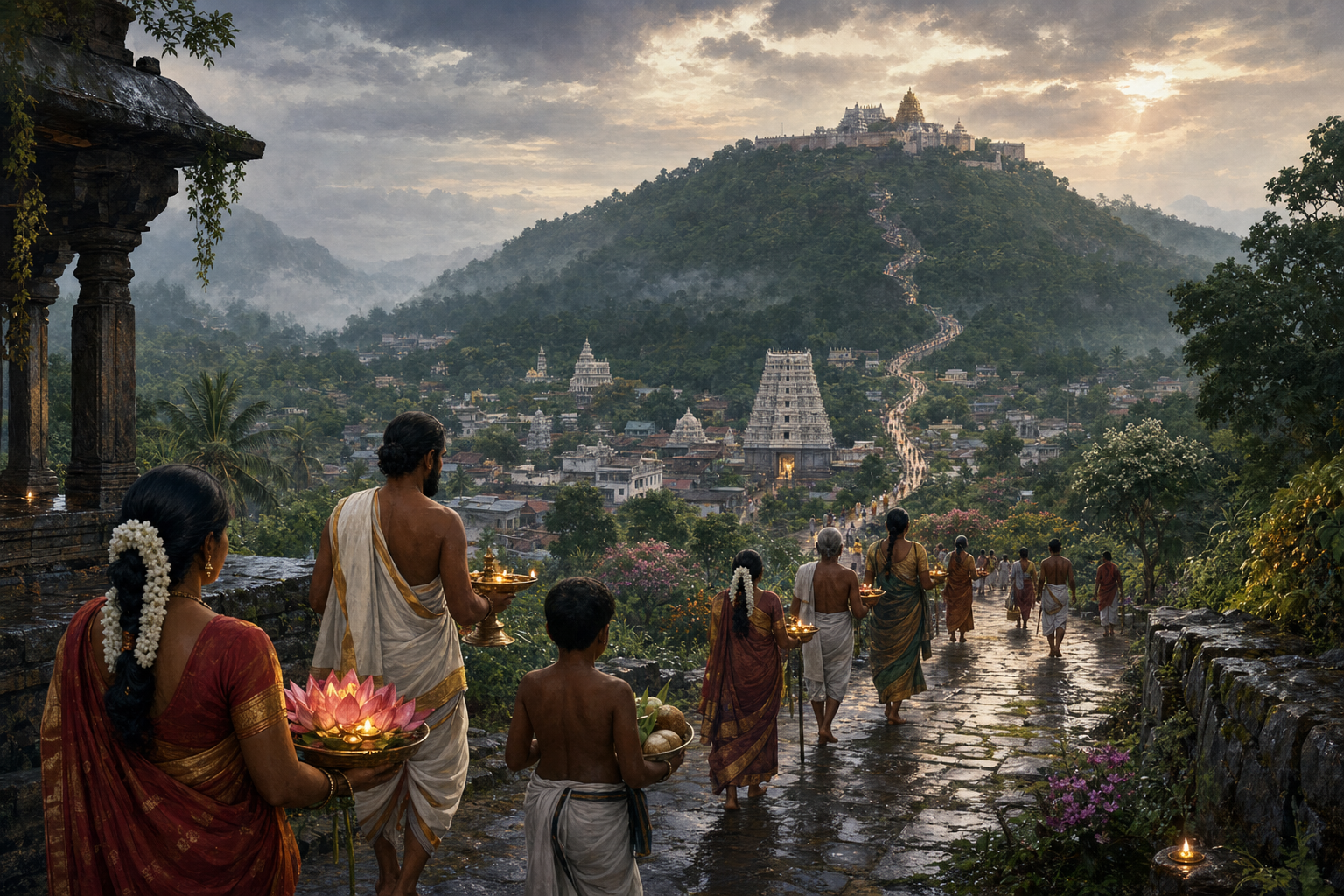 Devotees carrying offerings through the monsoon landscape between a hill temple and a temple town at dawn.