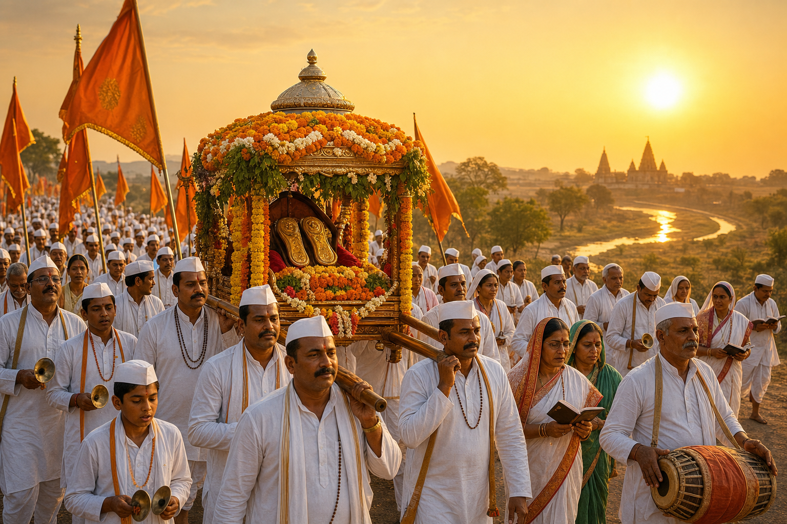 Warkari devotees carry a flower-covered palkhi with symbolic padukas during a sunrise pilgrimage toward Pandharpur.