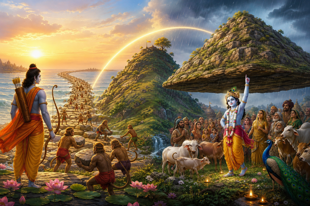 Digital devotional art of Sri Rama, vanaras, and Sri Krishna lifting Govardhan across a golden split-time landscape