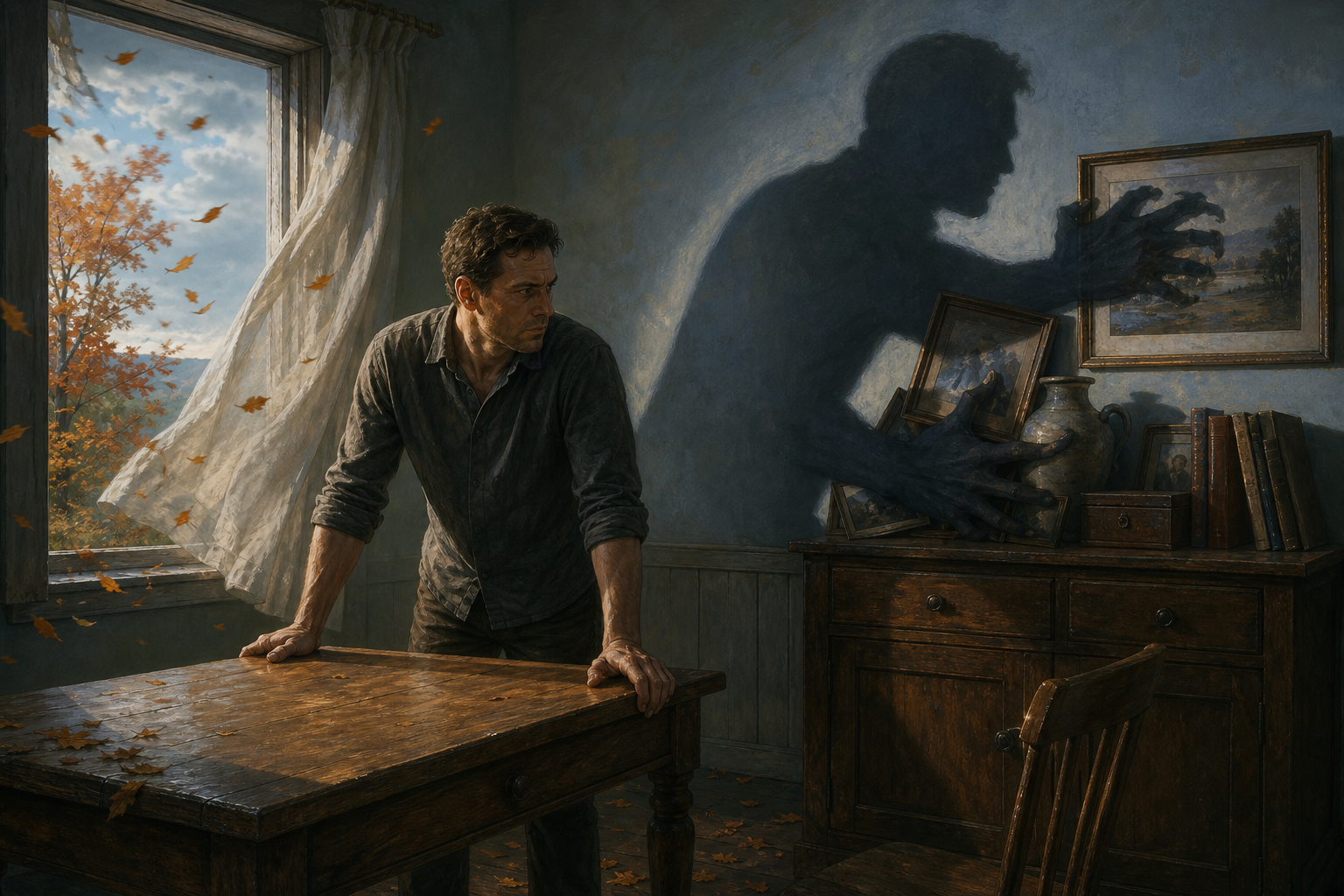 A person grips a wooden table as wind moves a curtain and autumn leaves, while an exaggerated shadow clutches objects around the room.
