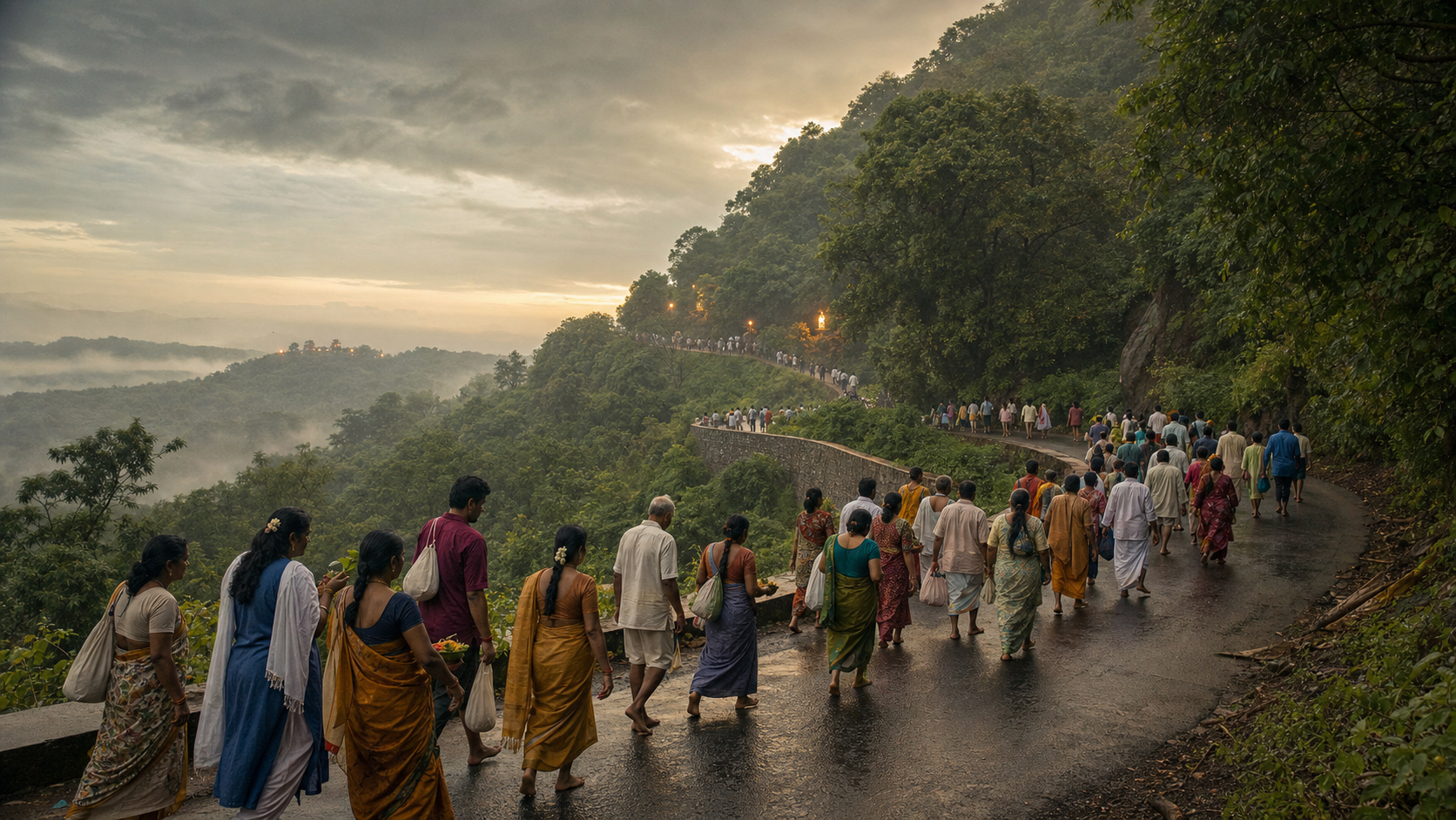 Devotees walk along a monsoon-green path around a sacred hill during an Ashada Purnima pilgrimage.