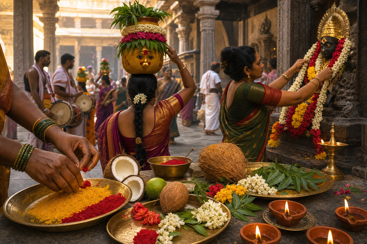 Devotees arrange flowers, coconuts, turmeric and oil lamps while a woman carries a neem-decorated offering pot in a goddess temple courtyard.