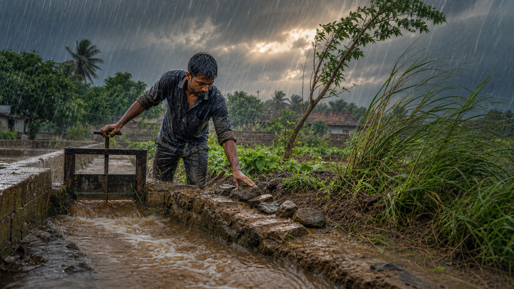 A person works in heavy rain to redirect overflowing water through a stone-lined garden channel as nearby reeds and a young tree bend in the wind.