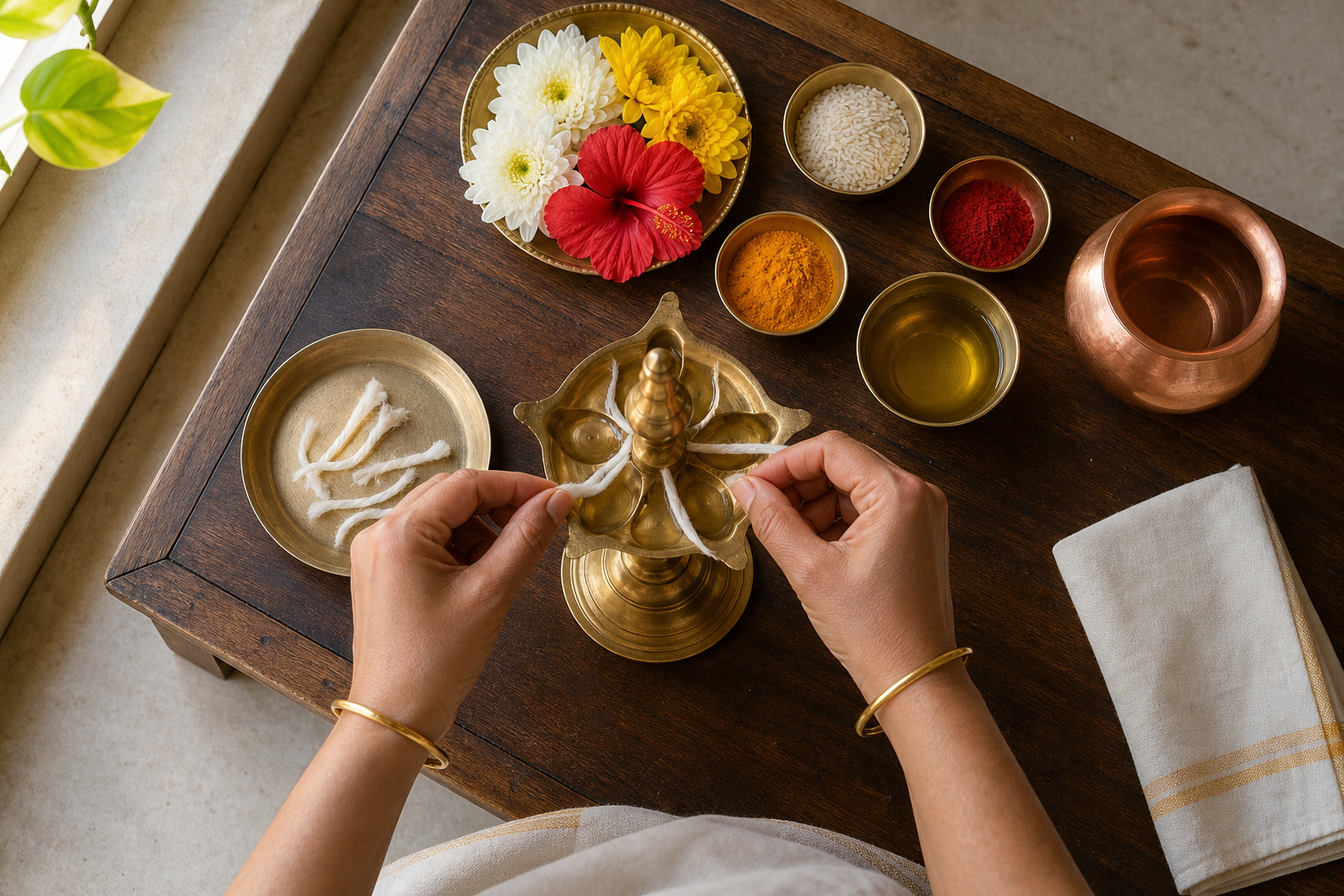 Hands prepare cotton wicks in a brass lamp beside oil, flowers, rice, turmeric, kumkum, and water.